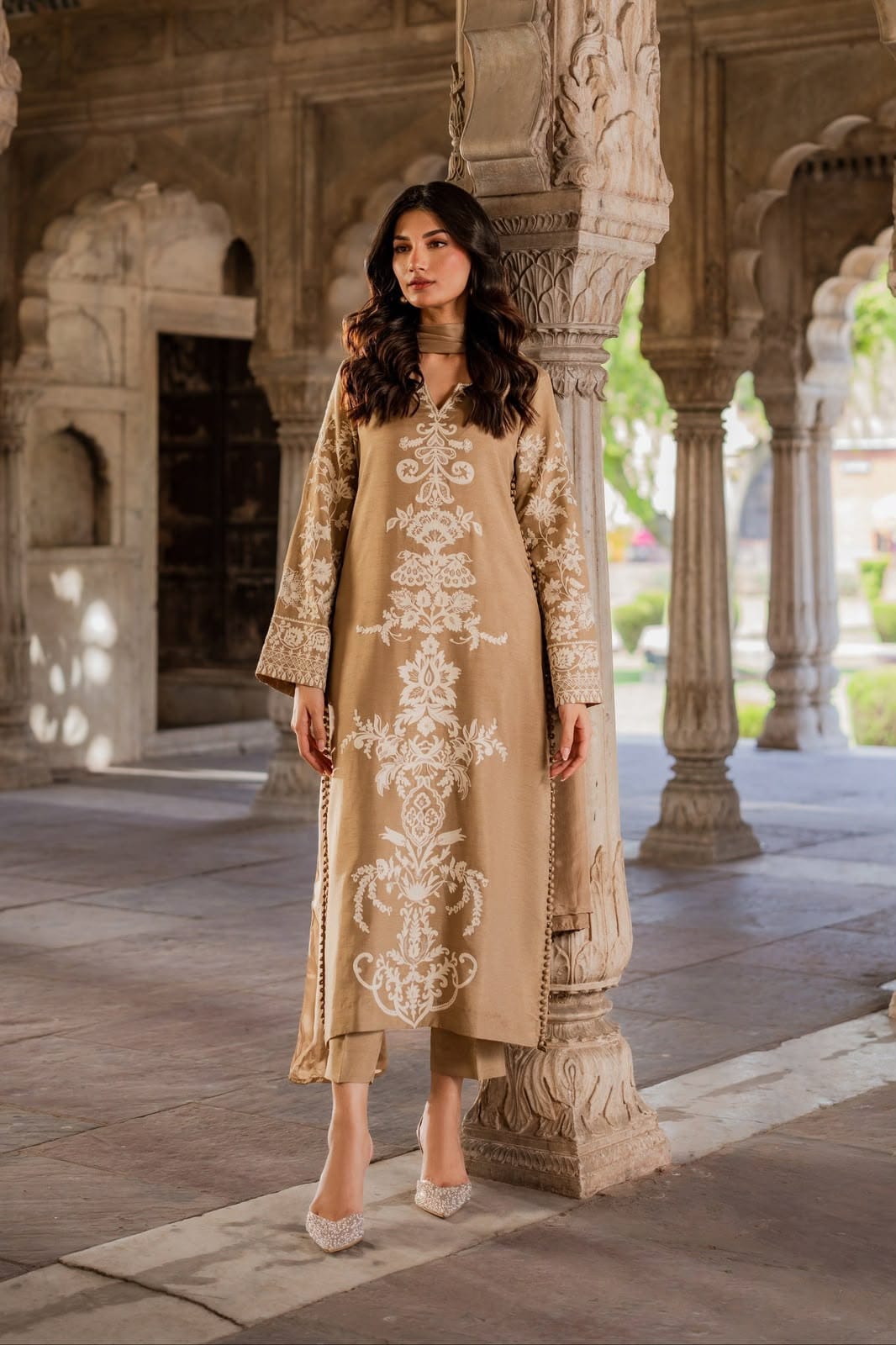 PREMIUM CHARMUSE LONG SILK SHIRT WITH HEAVY ALTERNATE VISCOSE THREAD WORK  ALONG WITH CENTRE LACE FINISHED FRONT PANEL