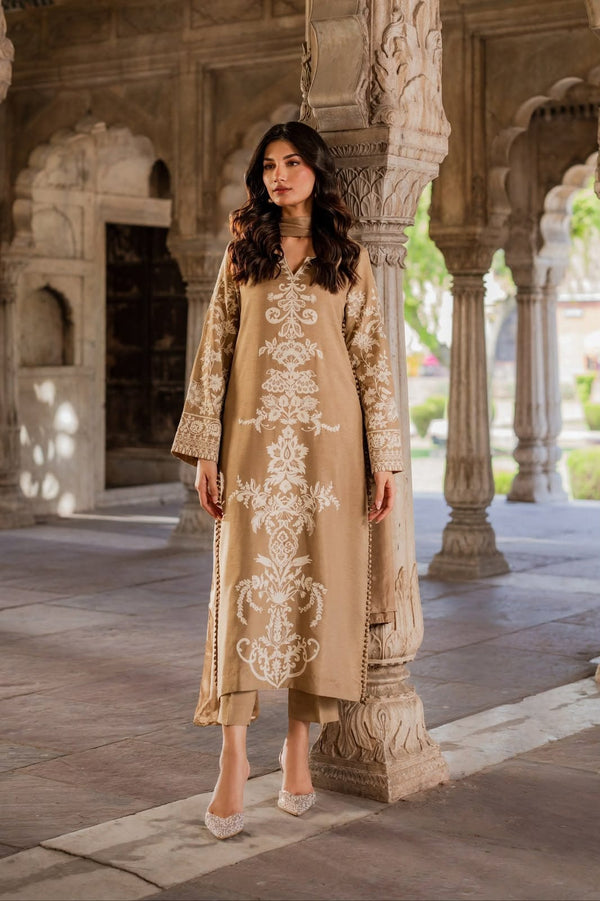 PREMIUM CHARMUSE LONG SILK SHIRT WITH HEAVY ALTERNATE VISCOSE THREAD WORK  ALONG WITH CENTRE LACE FINISHED FRONT PANEL