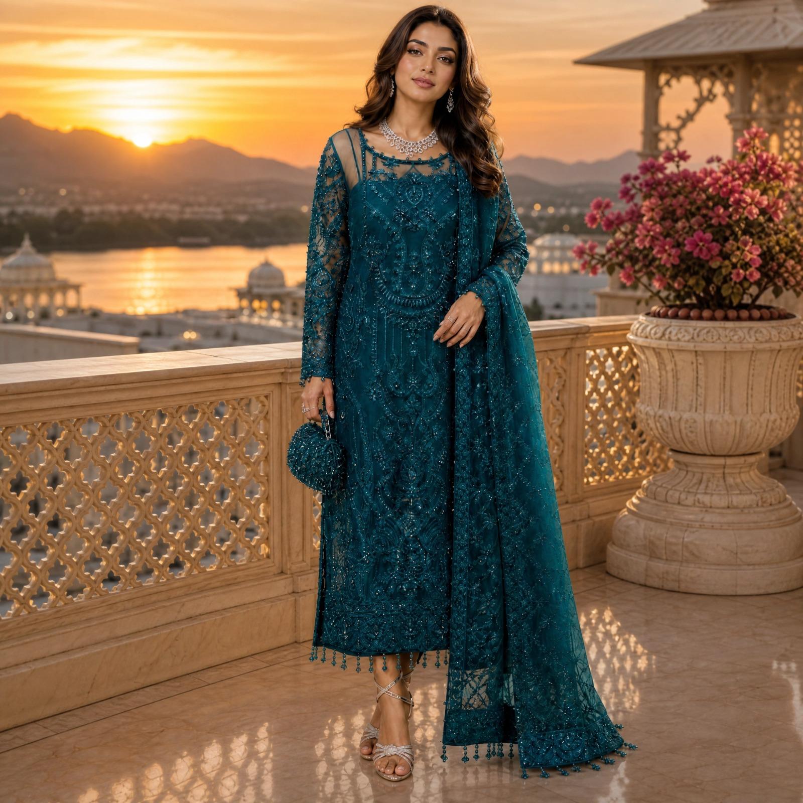 Deep Emerald Hand-Embellished Net Kurta Set with Hanging Tassels