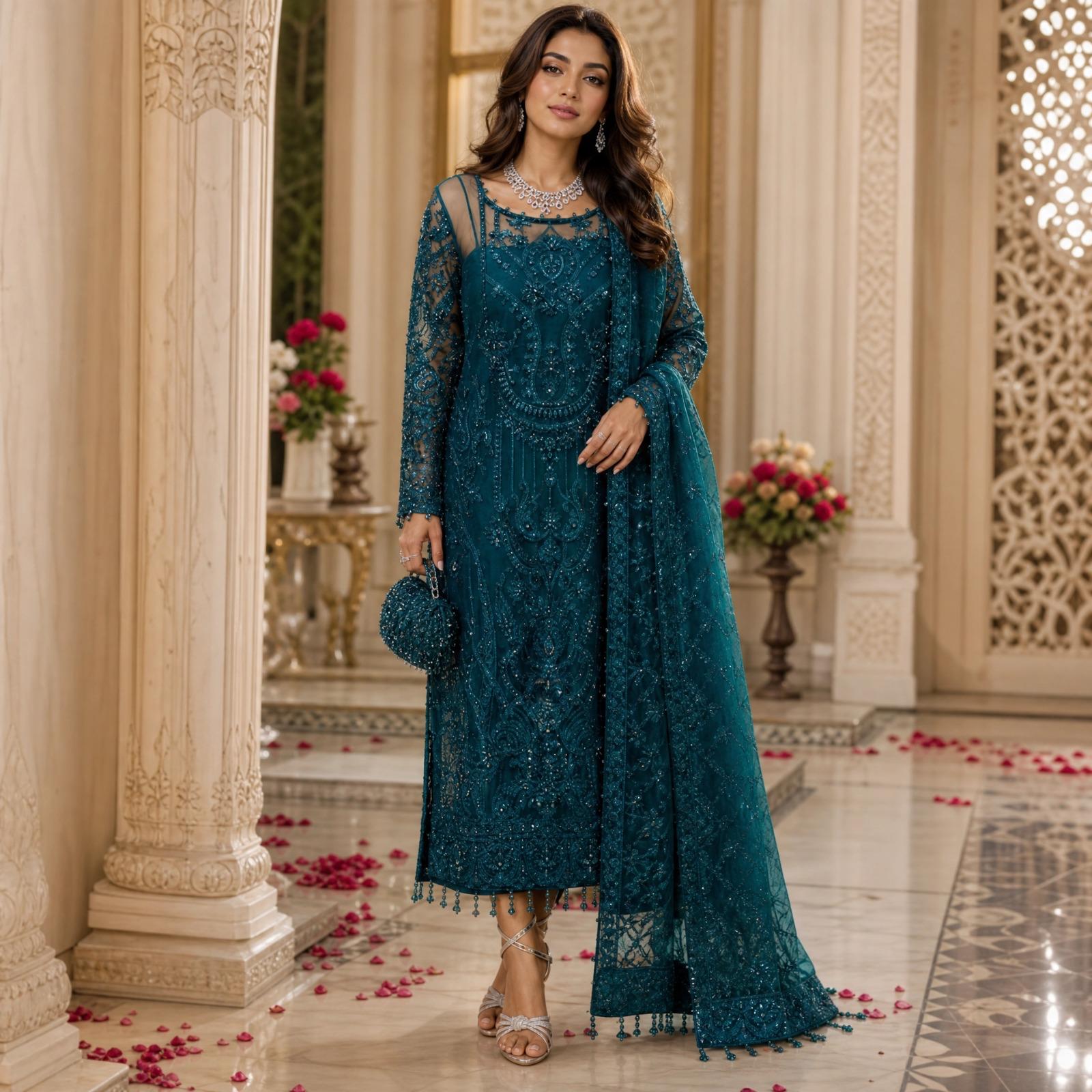 Deep Emerald Hand-Embellished Net Kurta Set with Hanging Tassels