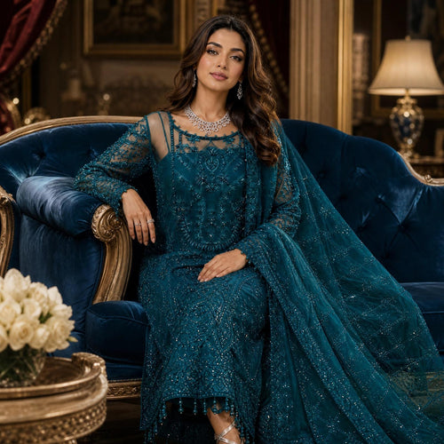 Deep Emerald Hand-Embellished Net Kurta Set with Hanging Tassels