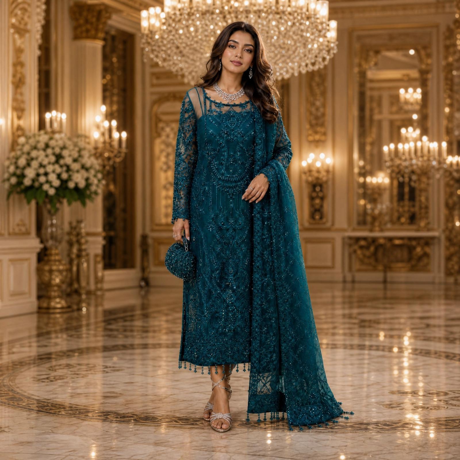 Deep Emerald Hand-Embellished Net Kurta Set with Hanging Tassels