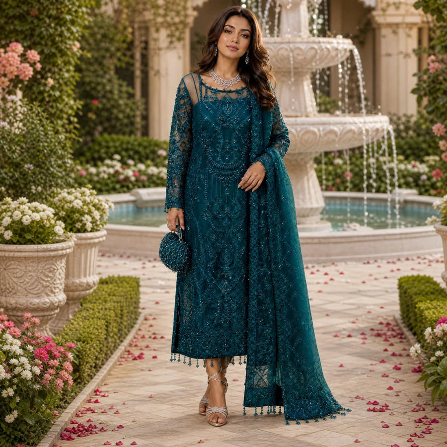 Deep Emerald Hand-Embellished Net Kurta Set with Hanging Tassels