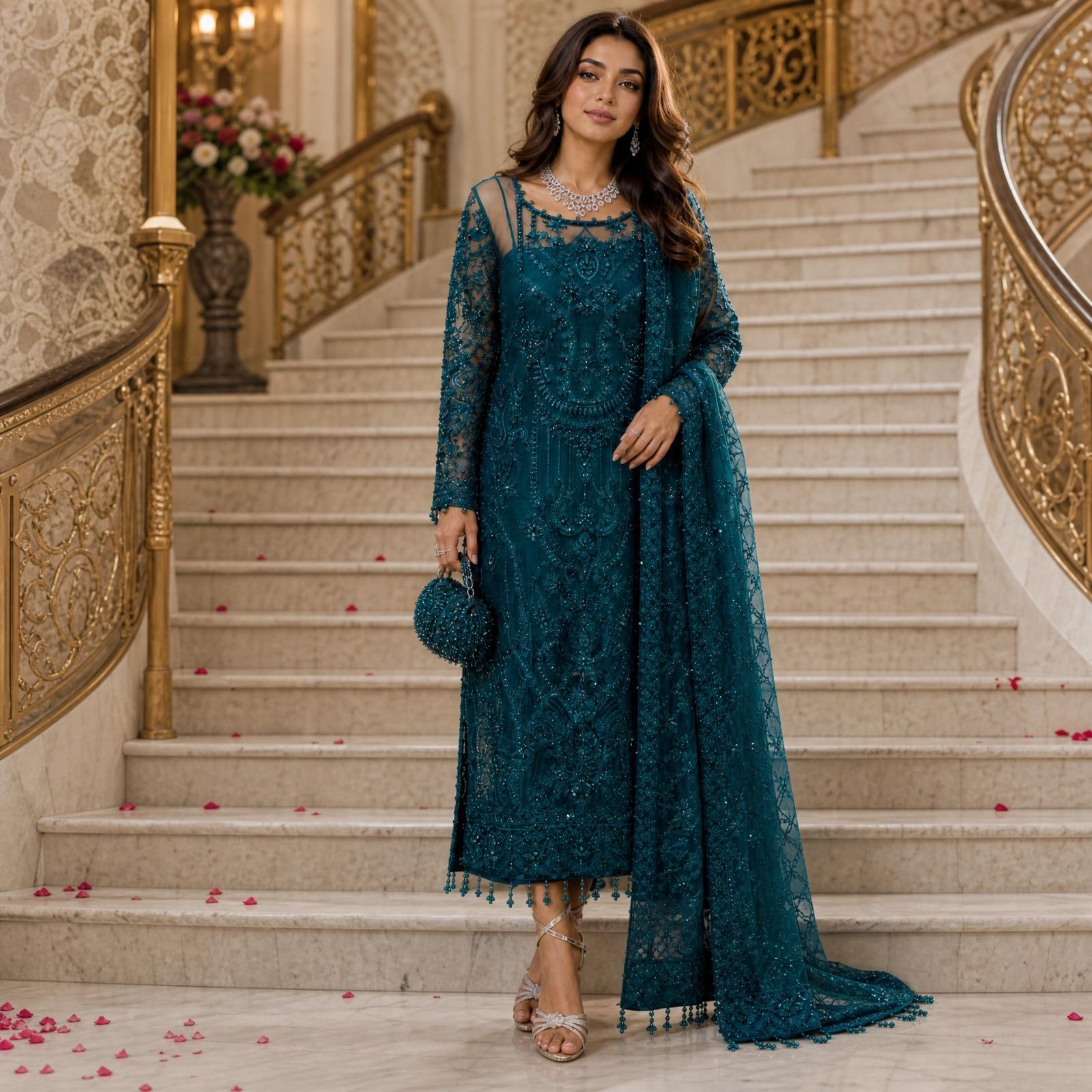 Deep Emerald Hand-Embellished Net Kurta Set with Hanging Tassels